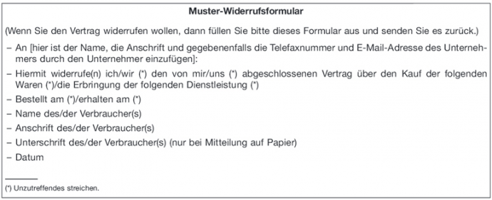 Widerrufsformular: Anlage 2 zu Art. 246a EGBGB