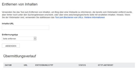 Screenshot Bing-Löschmaske zur Entfernung veralteter Inhalte