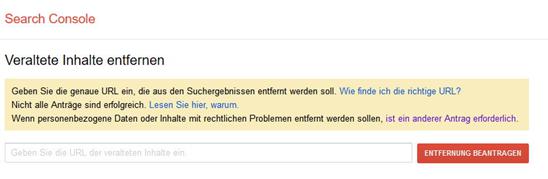 Screenshot Google Search Console: Löschmaske zur Entfernung veralteter Inhalte