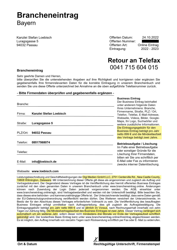Formular "Brancheneintrag Bayern" der Digi Medien GmbH LLC vom 24.10.2022