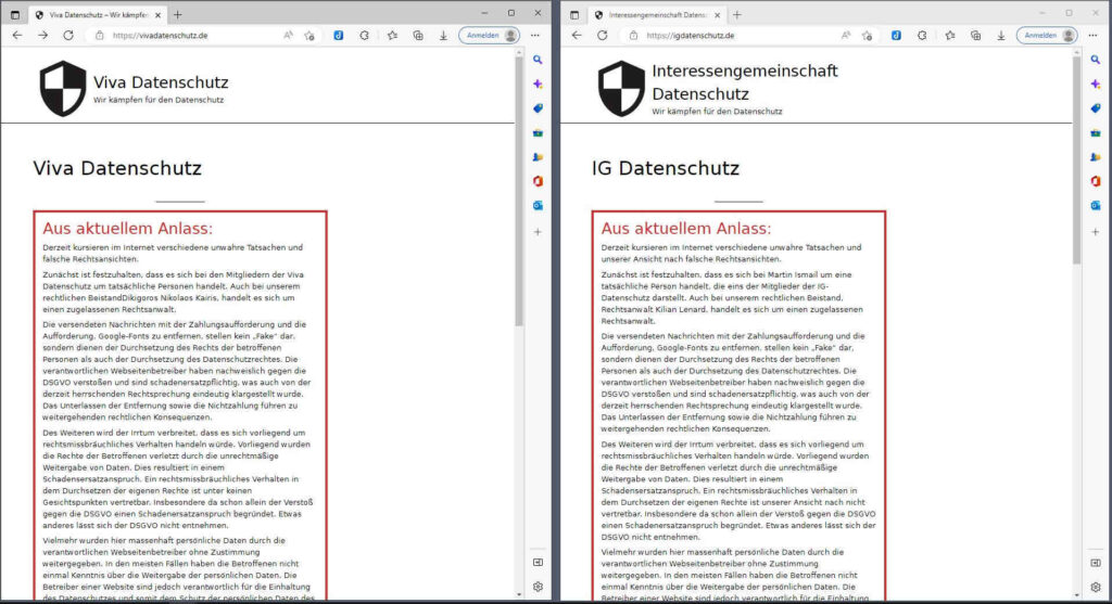 Viva Datenschutz und IG Datenschutz: Startseiten